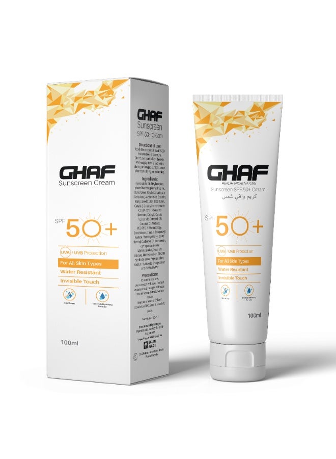 GHAF Sunscreen SPF 50 Cream – Broad Spectrum UVA/UVB Protection – Water Resistant – Invisible Finish – 100ml  Ghaf Sunscreen SPF 50 Cream is specially formulated to provide broad-spectrum protection against both UVA and UVB rays, helping to protect your skin from the effects of daily sun exposure. Its lightweight, fast-absorbing texture spreads easily and leaves an invisible, non-greasy finish, making it ideal for everyday use.  Designed for comfort and performance, this water-resistant sunscreen is suitable for outdoor activities, sports, and beach days. The formula stays in place even in humid conditions, helping maintain effective sun protection when you need it most.  Enriched with nourishing ingredients such as Shea Butter, Mango Seed Butter, and Vitamin E, Ghaf Sunscreen not only helps protect the skin but also supports moisture retention, leaving the skin feeling soft, smooth, and hydrated.  Suitable for all skin types, including sensitive skin, this sunscreen blends seamlessly - Image 1